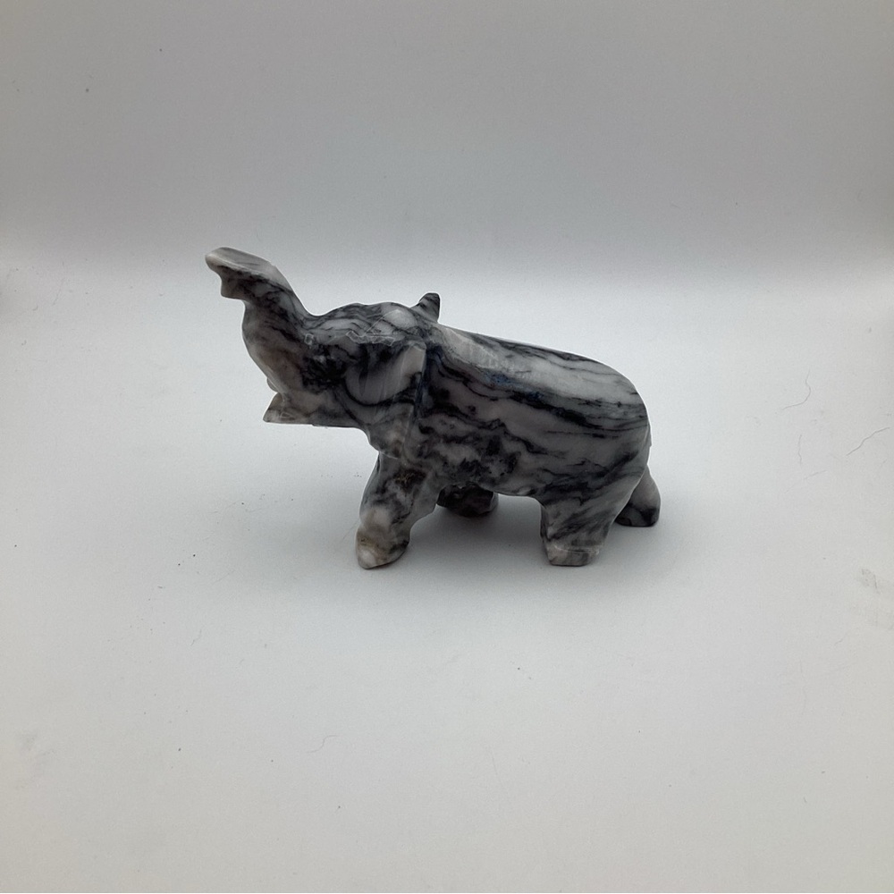 Hand Carved Stone Elephant Figurine Trunk Up -Gray/Veins of Black raised trunk
